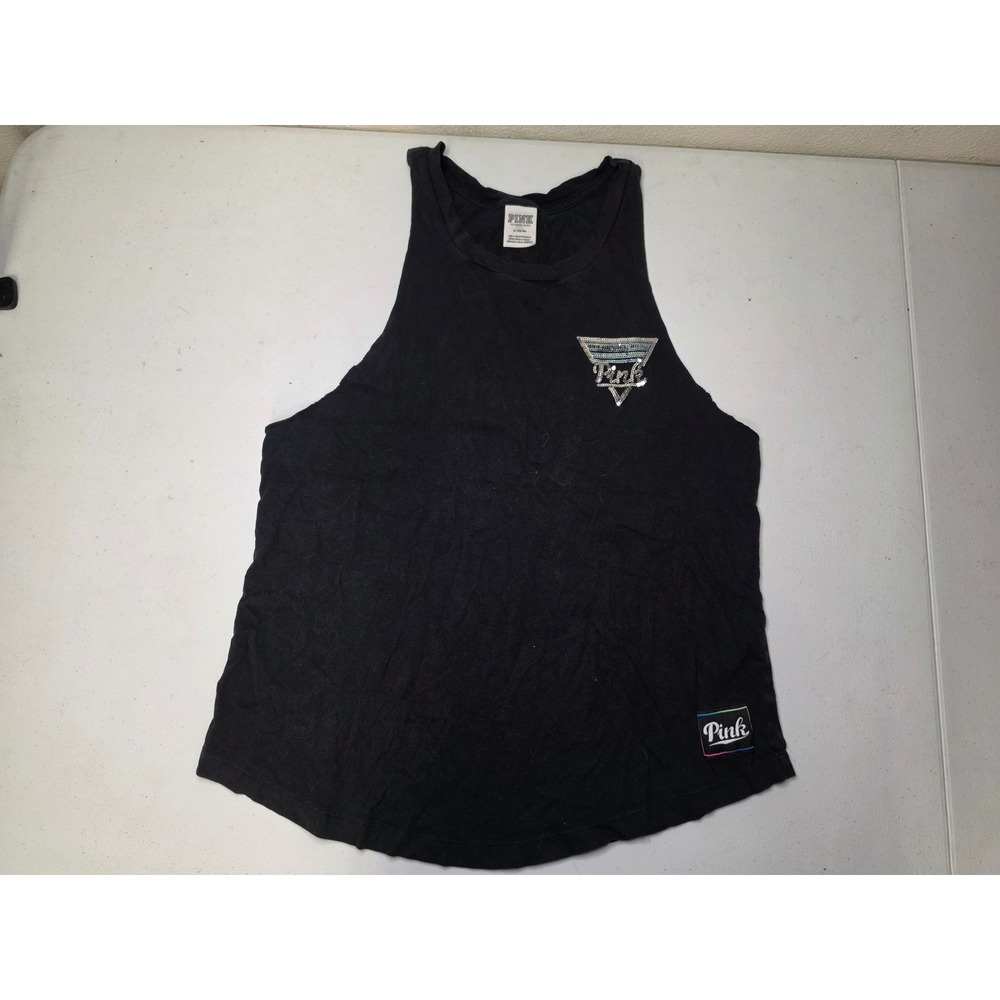 Pink Victoria's Secret Muscle Tank Top Black Sequin Palm Tree Graphic Medium